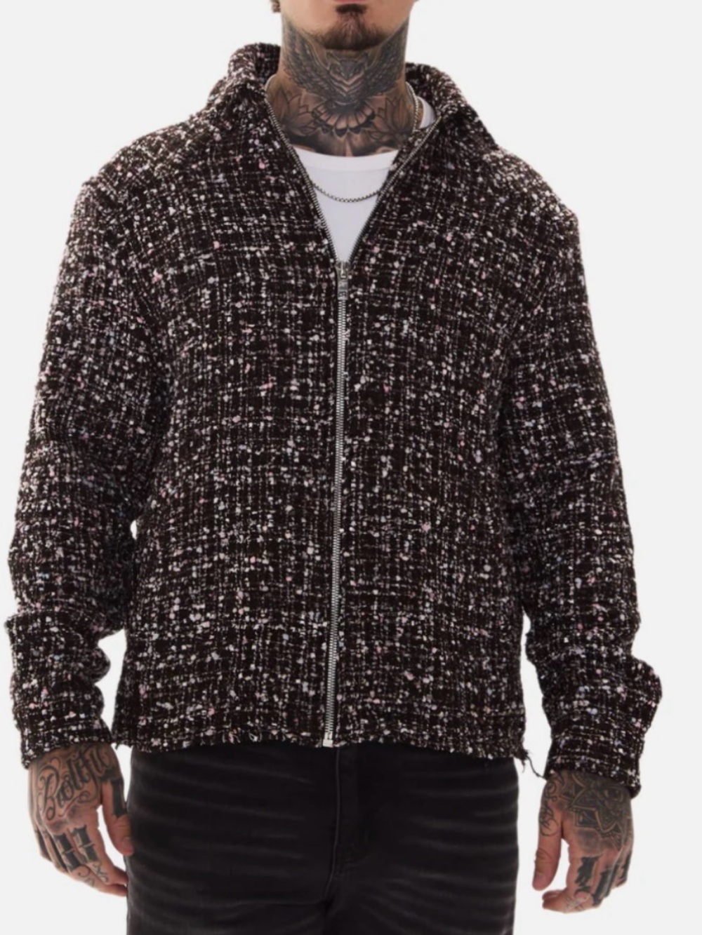Lucent Men’s Tweed Bomber Shacket Black Bouclé Zip Jacket Plaid Textured Size M